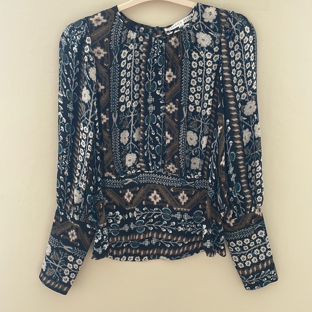 Veronica Beard || Anouk Mutton Sleeve Blouse Patterned 8 100% Silk